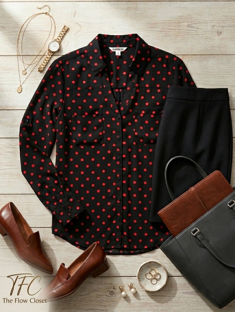 Express Red Black Polka Dot Slim Fit Roll Tab Petite Office Blouse Large